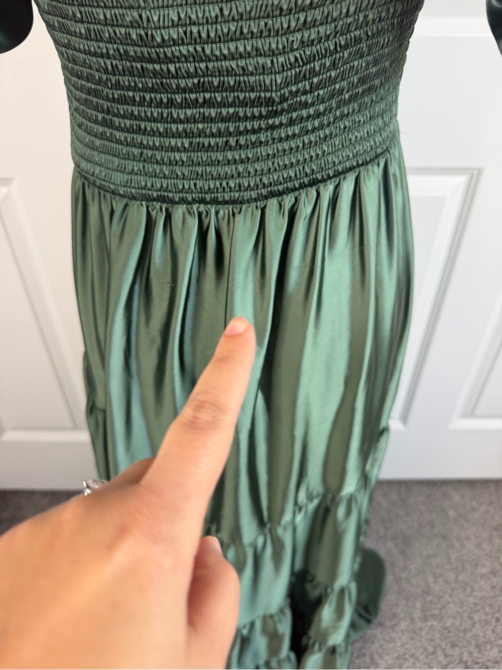 Free People Green Satin Puff Sleeve Tiered Maxi Dress Size M NWOT - Picture 13 of 16